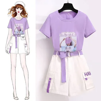 2022. gada Vasarā Jaunu Gadījuma Īsi Sieviešu Iespiests T-Krekls, Bikses divdaļīga korejas Modes Top Blūze ar Augstu Vidukli, Seksīgas garās bikses Kopa